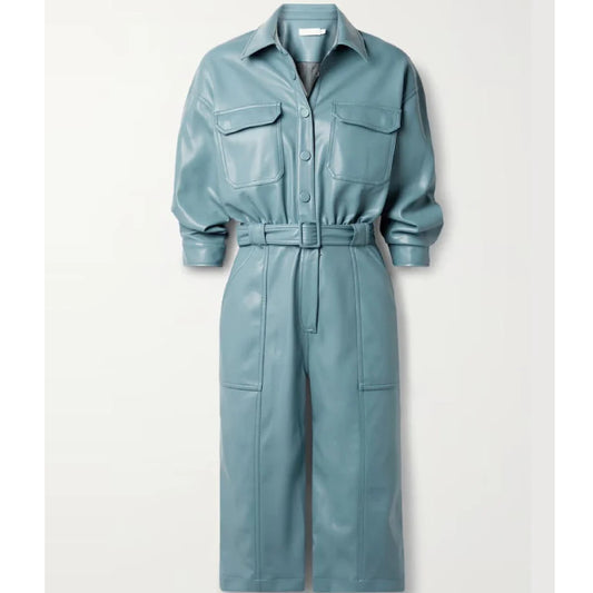 Blue Utility leather Jumpsuit For Women