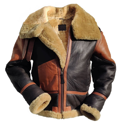Brown Mens Bomber Real Shearling Leather Jacket