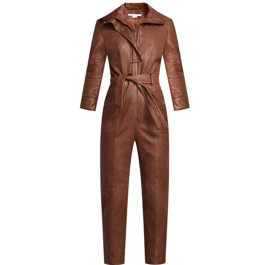 Brown Utility Belted Leather jumpsuit For Women