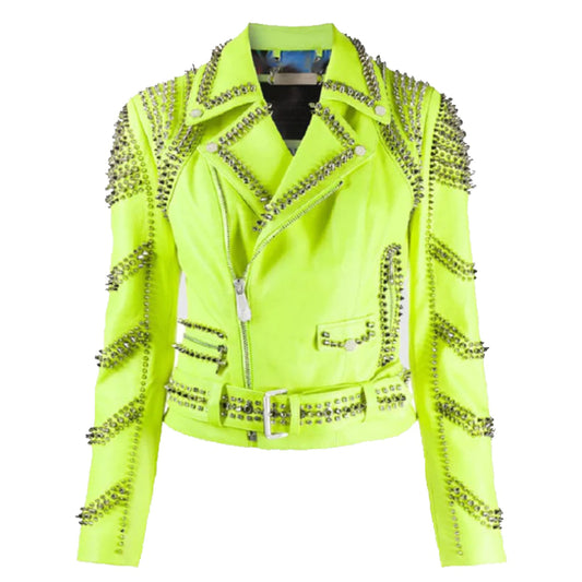 Green Spiked Leather Women Studded Jacket