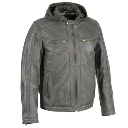 Grey Zipper Front Leather Jacket w/ Removable Hood For Men
