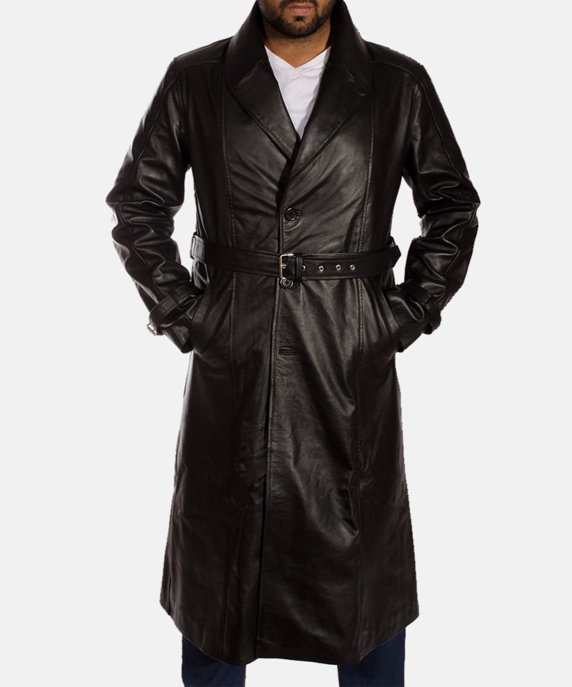 Hooligan Black Leather Trench Coat