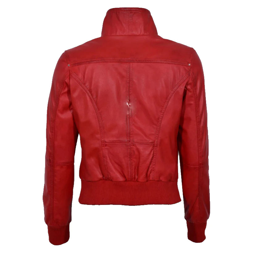 Ladies Real Leather Bomber Jacket Red Short Slim Fit Casual