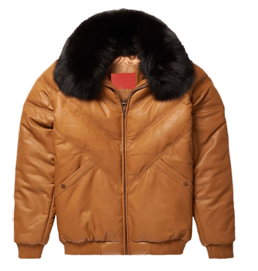 Lambskin V-Bomber Camel Brown Leather Jacket