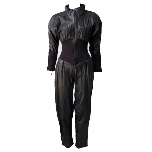 Leather Jumpsuit with Knitted Corset Waist