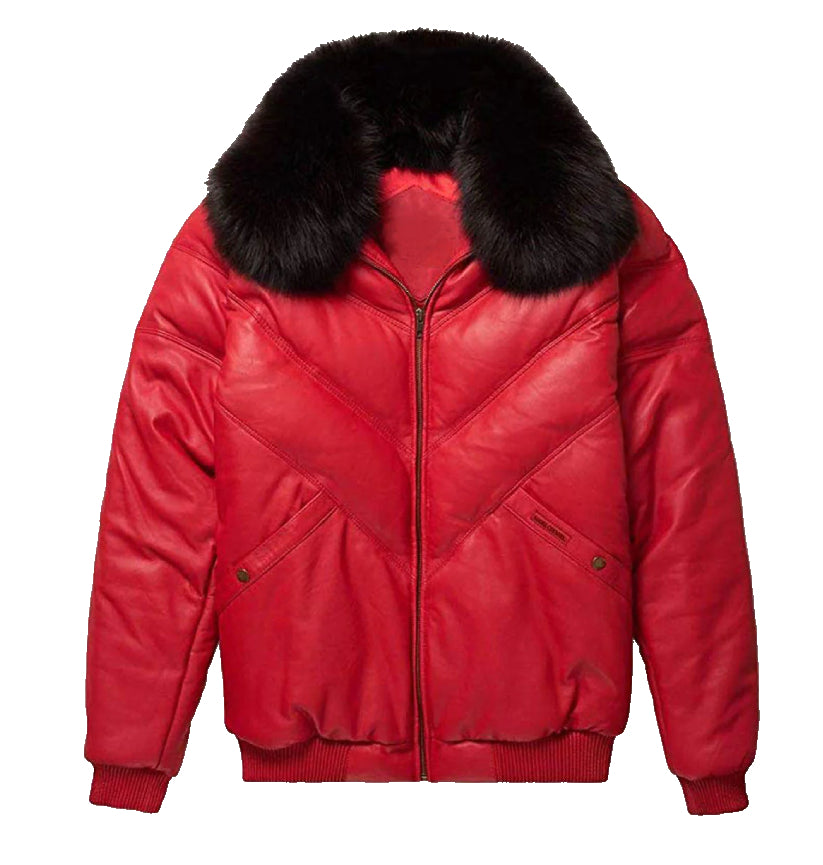 Leather V Bomber Jacket Red with Black Fox Fur