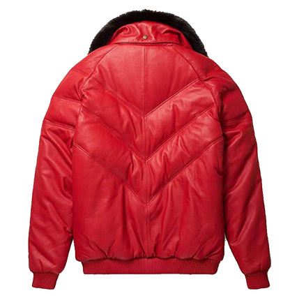 Leather V Bomber Jacket Red with Black Fox Fur