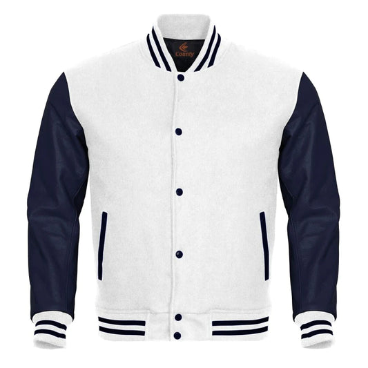 Letterman Baseball White Body and Navy Blue Leather Sleeves Varsity Jacket