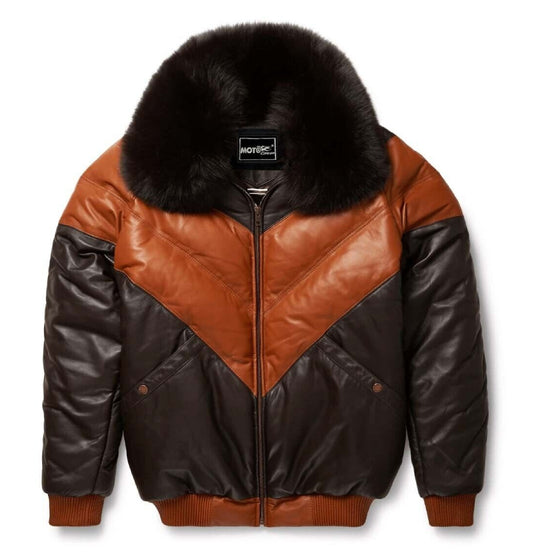 Men Black Brown Sheepskin Leather V-Bomber Leather Jacket