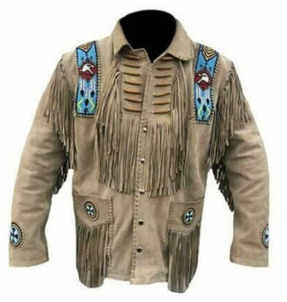 Men Western Cowboy Beige Suede Leather Jacket