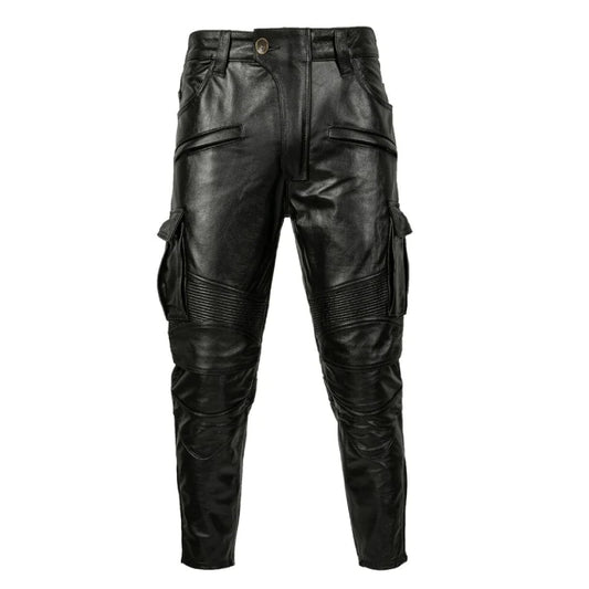Men's Black Motorcycle Style Real Leather Biker Pants