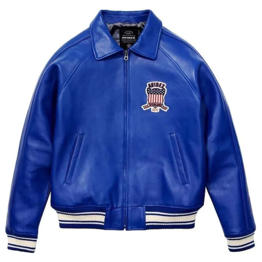Men's Blue Avirex Real Leather Bomber Jacket