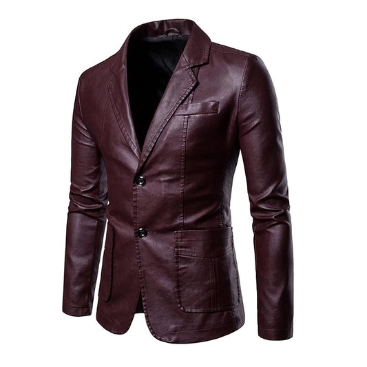 Men's Casual Coats Solid Leather Single Breasted Blazers Jacket