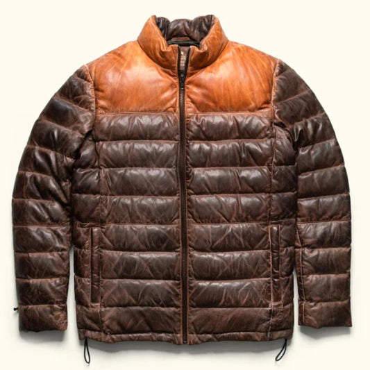 Men's Double Shade Leather Jacket Puffer Fully Quilted
