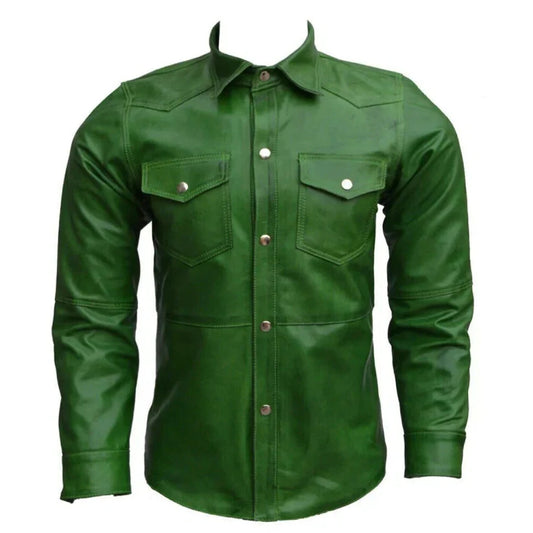 Men's Leather Shirt 100% Pure Lambskin Leather Green Shirt
