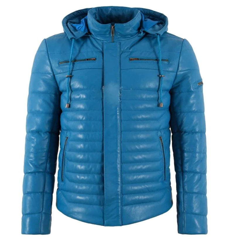 Men's Puffer Hooded Real Lambskin Leather Sport Jacket