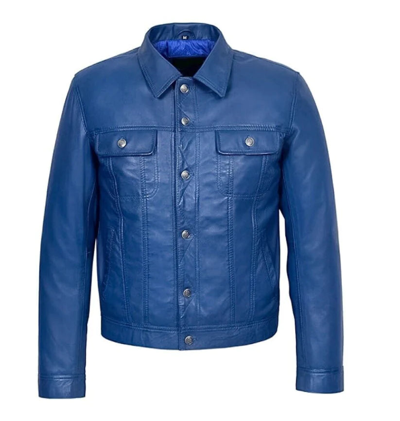 Men's Trucker Jacket Blue Genuine Lambskin Leather