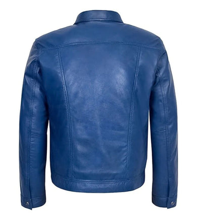Men's Trucker Jacket Blue Genuine Lambskin Leather