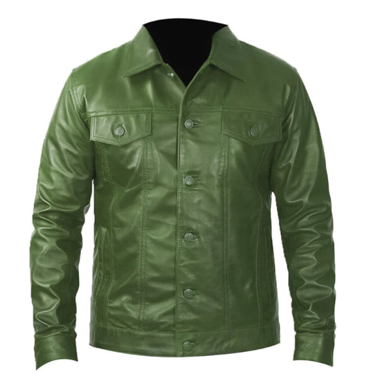Men's Trucker Jacket Green Lambskin Leather