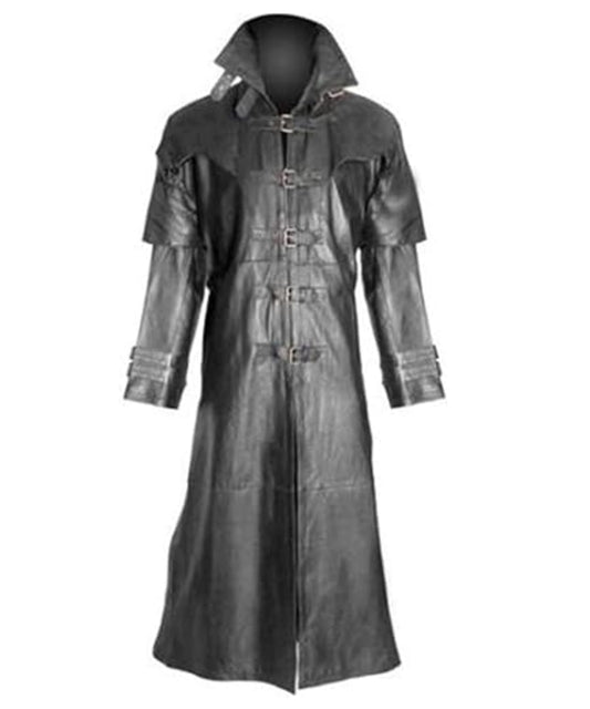 Mens Black Real Leather Trench Coat