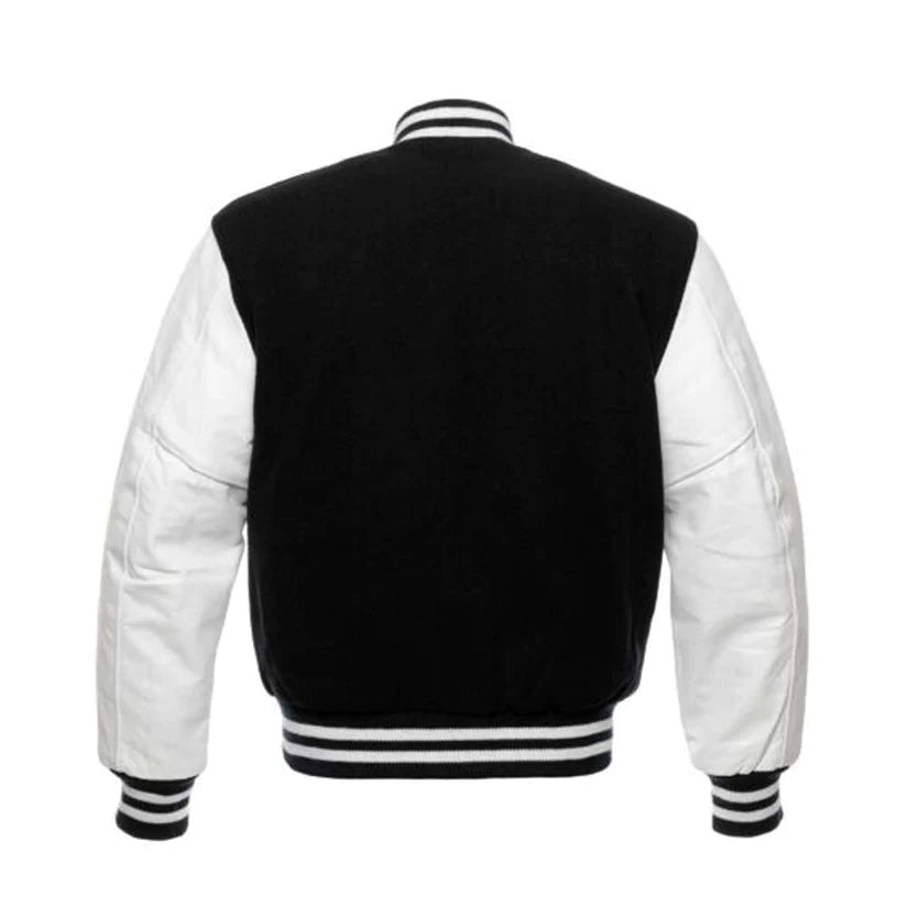 Mens Black and White Wool Real Leather sleeves Varsity Letterman Jacket