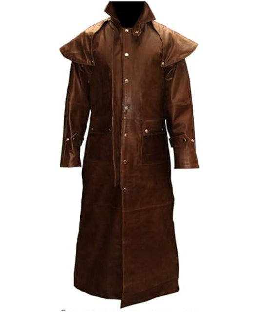 Mens Brown Leather Duster Riding Hunting Steampunk Trench Coat