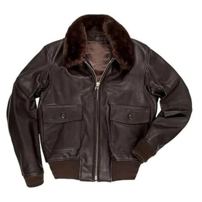 Mens Brown Leather Fur Collar Bomber Flight Jacket