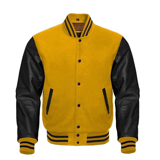 Mens Genuine Yellow and Black Varsity Leather Jacket Letterman