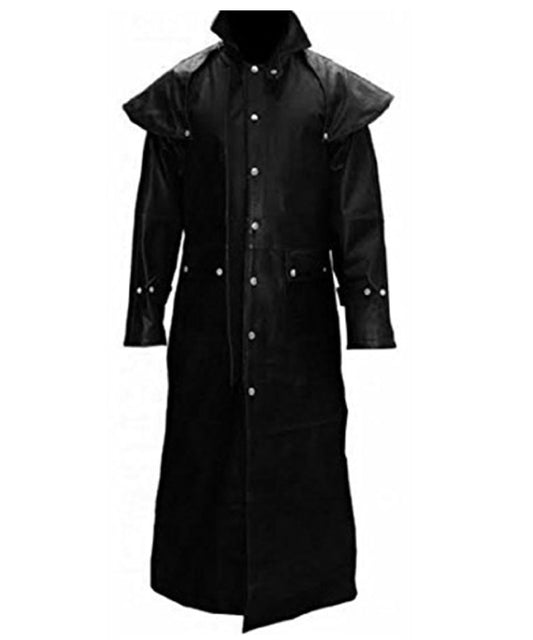 Mens Real Black Leather Duster Trench Coat