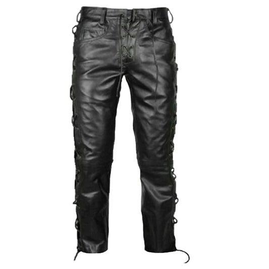 Mens Real Leather Bikers Pants Side and Front Laces Up