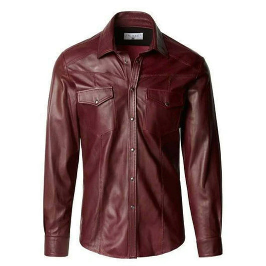 Mens Real Sheepskin Leather Motorbike Style Shirt
