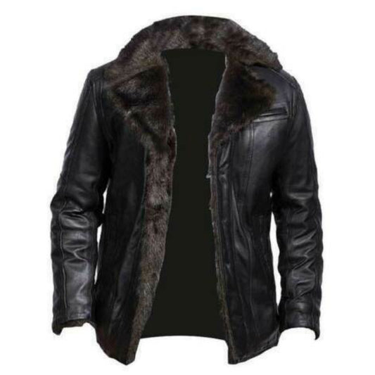 Mens Shearling Bomber Black Genuine Leather Jacket