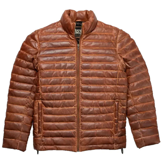 Mens Tan and Brown Leather Puffer Jacket