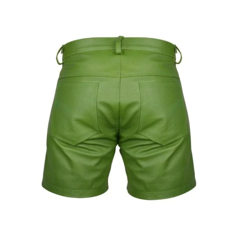 Mens,Cow Leather Shorts Green Casual 5 Pockets Short