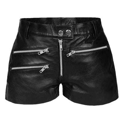 New Men's Black Zipper Leather Shorts