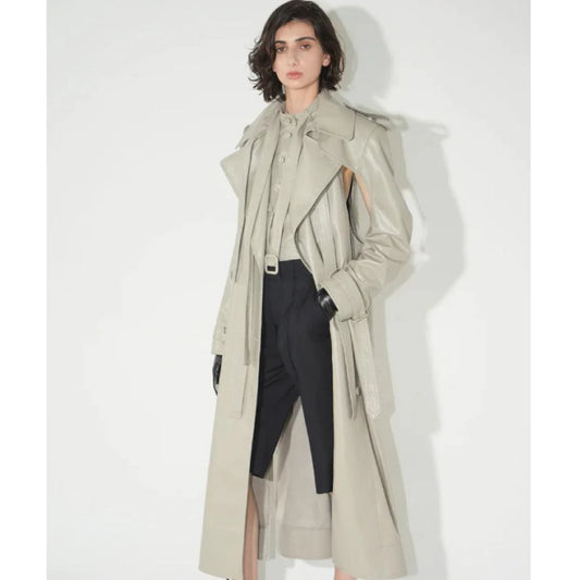Off White Double Breasted Duster Leather Trench Coat