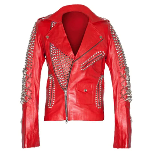 Red Leather Studded Biker Jacket for Women