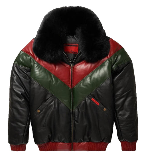 Red, Green & Black V-Bomber Real Sheep Leather Jacket