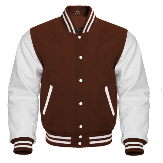 Varsity Brown Letterman Wool & White Leather Sleeves Jacket