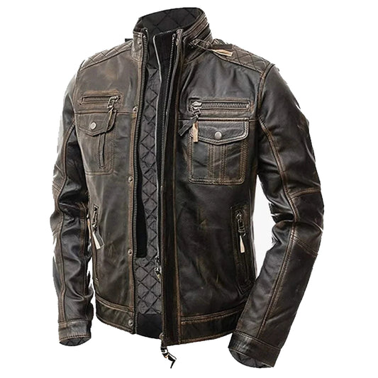 Vintage Distressed Brown Leather Jacket For Men