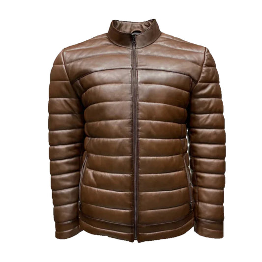 Women Brown Leather Puffer Jacket