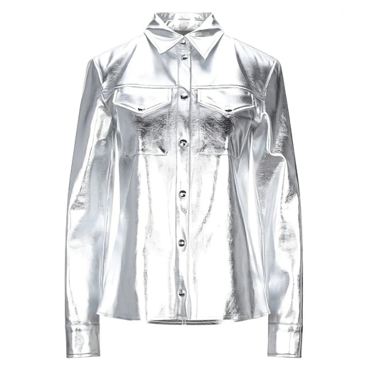 Women Genuine Real Lambskin Silver Leather Shirt