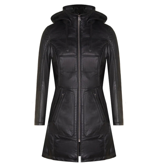 Women's Black Leather Puffer Jacket