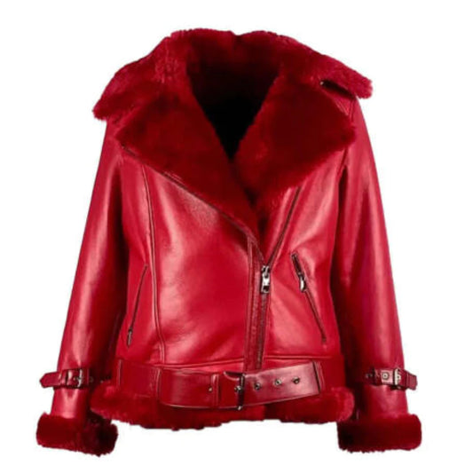 Women's Shearling Bomber Red Real Leather Jacket
