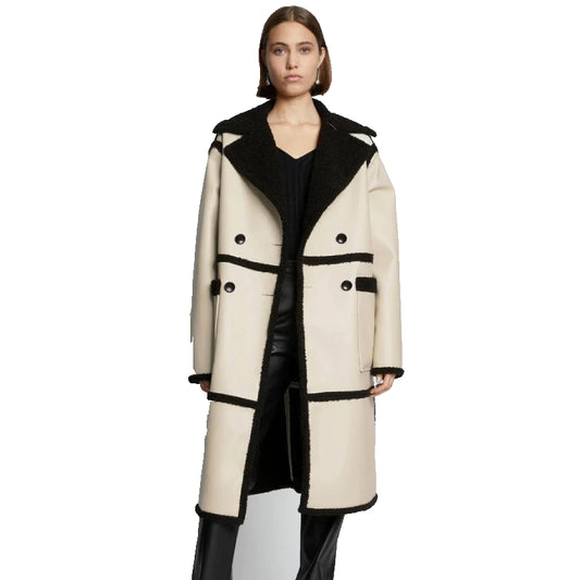 Womens Aviator Shearling Leather Trench Long Coat