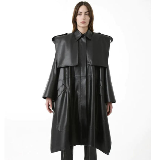 Womens Oversized Cape Leather Trench Coat