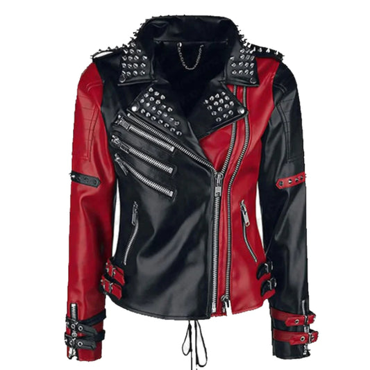 Womens Studded Leather Jacket Handmade Black & Red