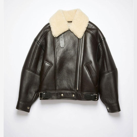 Womens Dark Brown Aviator Sheepskin Shearling Leather Jacket
