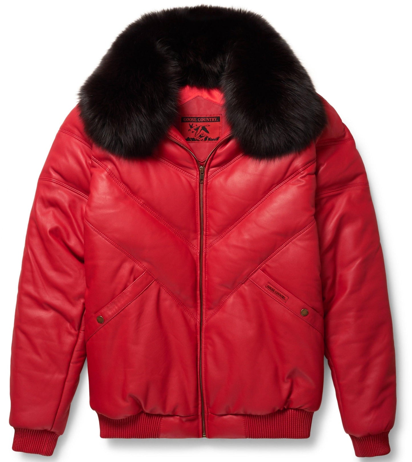 Men's Red Leather V-Bomber Jacket