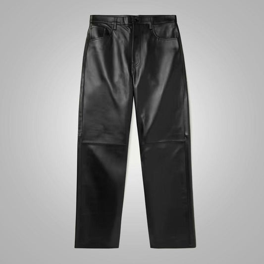 Black Sheepskin Fashion Leather Jeans Pant For Men